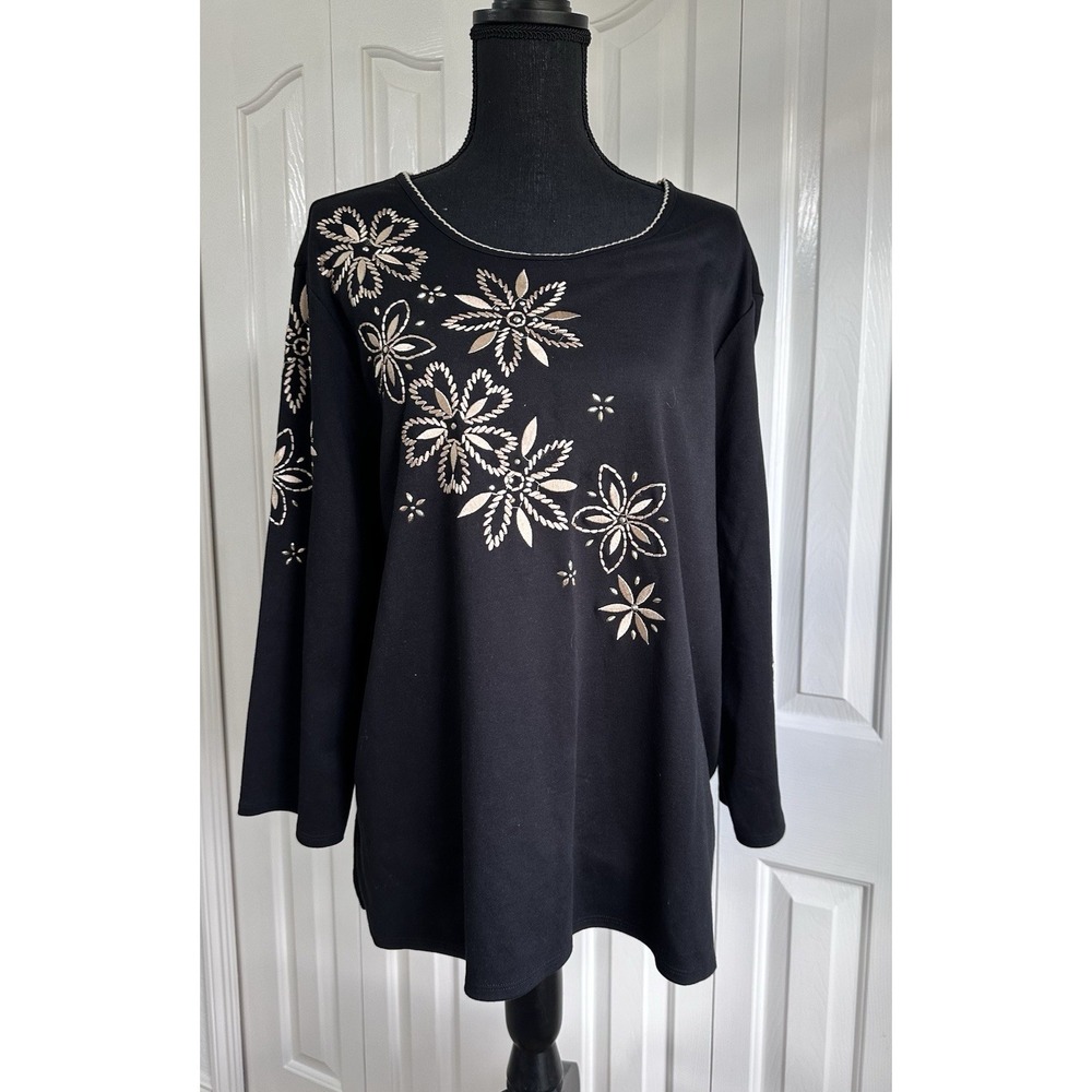 Alfred Dunner Women's 2X Black Gold Floral Embroidered Tunic Blouse Top